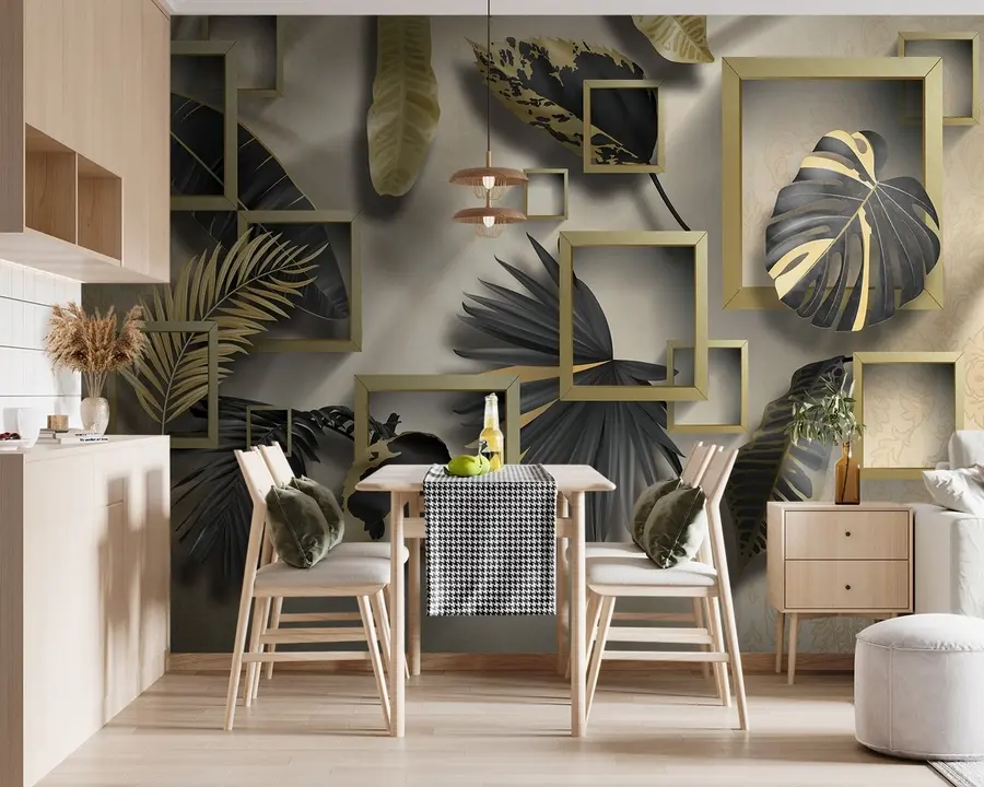 murais de parede Folhas tropicais contra o fundo de retângulos marrons u75342