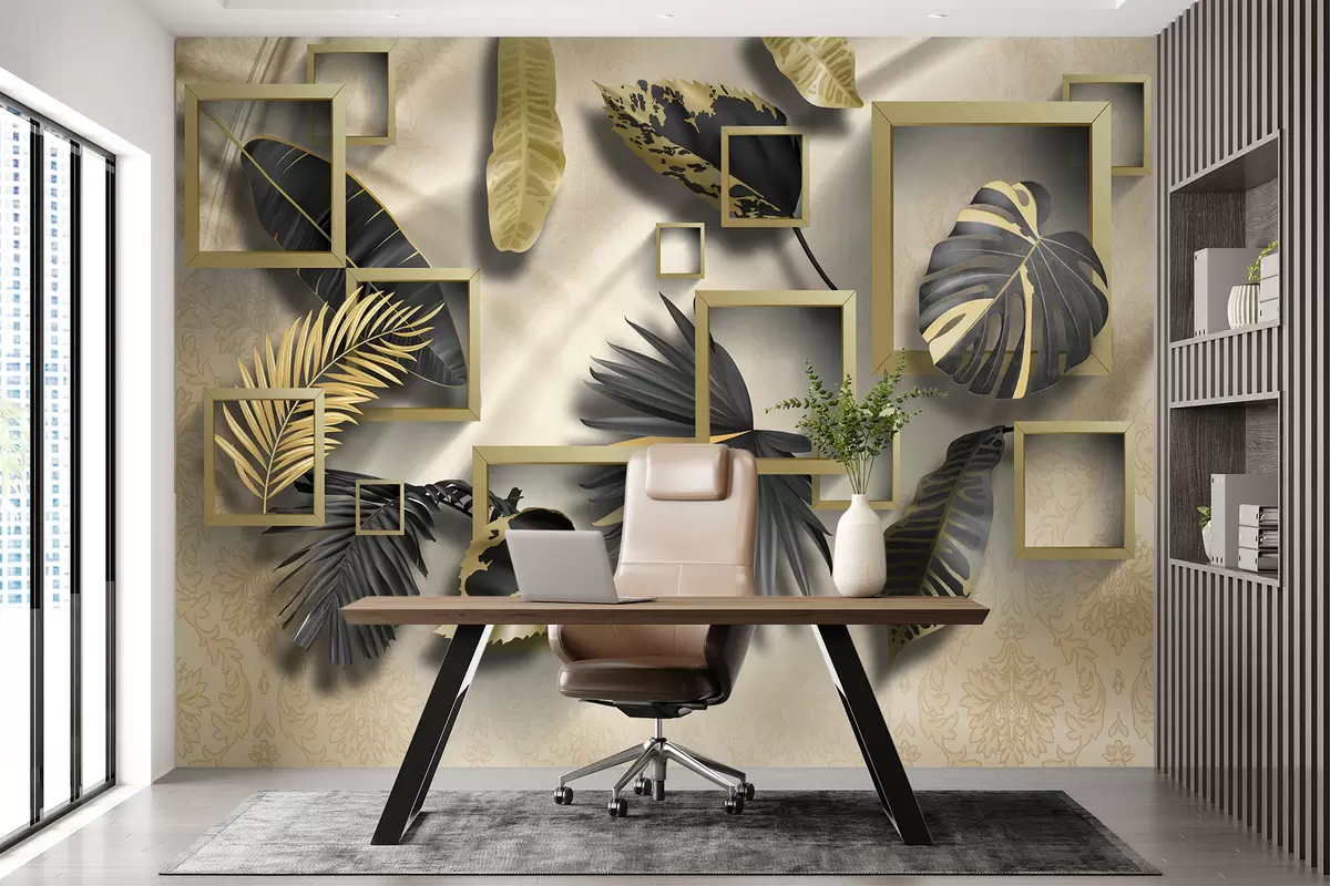 murais de parede Folhas tropicais contra o fundo de retângulos marrons u75342