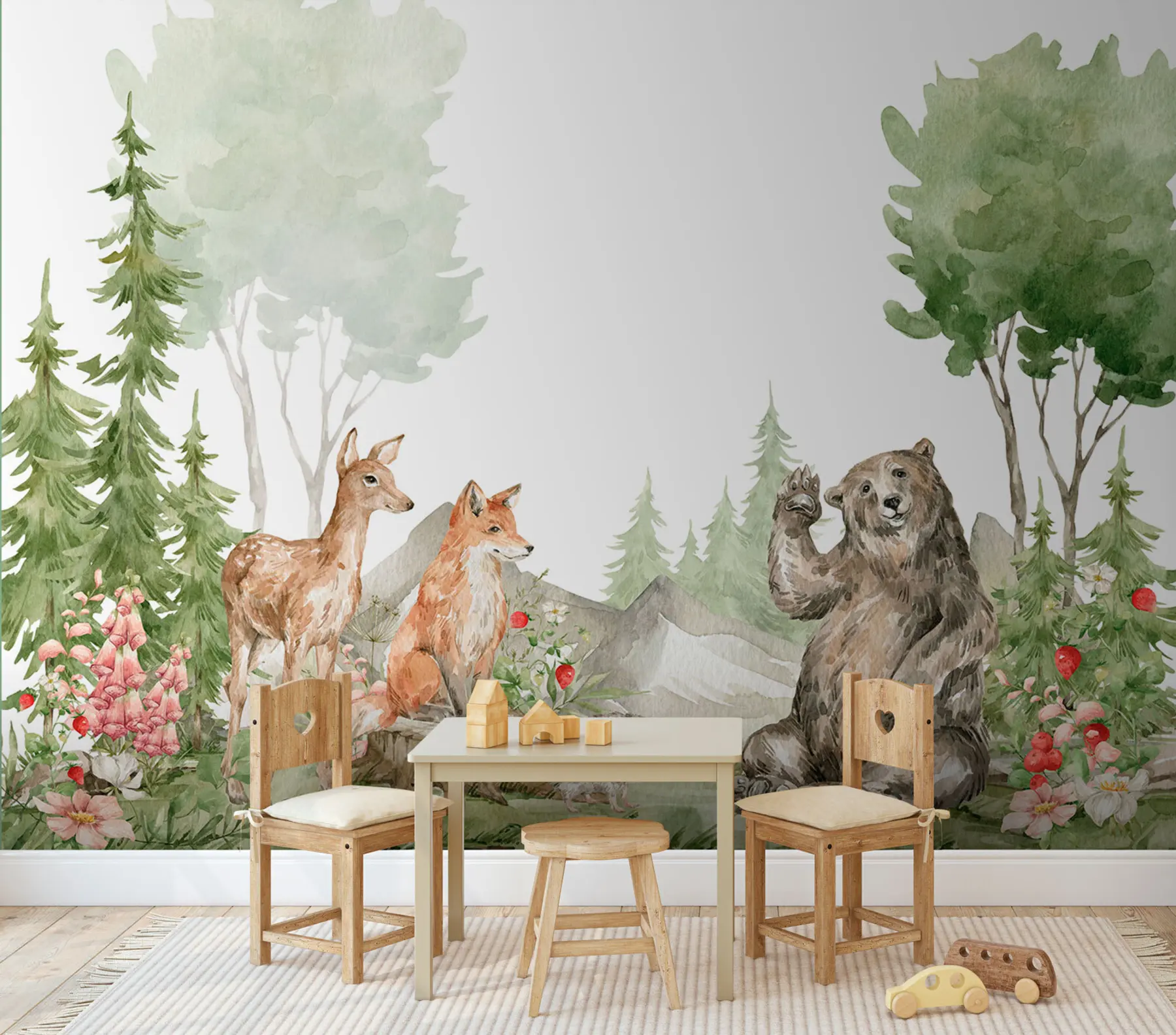 murais de parede Composição de aquarela com animais da floresta e elementos da natureza u78735