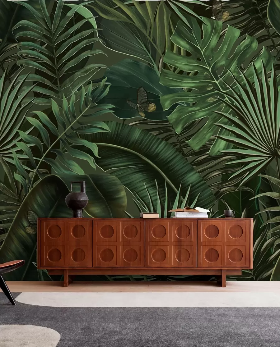 murais de parede Padrão tropical com palma verde tropical, folhas de bananeira u94341