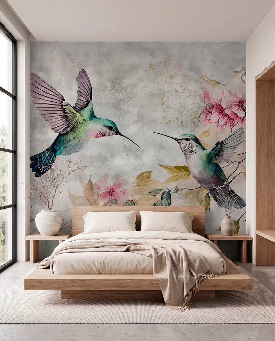 murais de parede Beija-flores em aquarela em um galho u93994