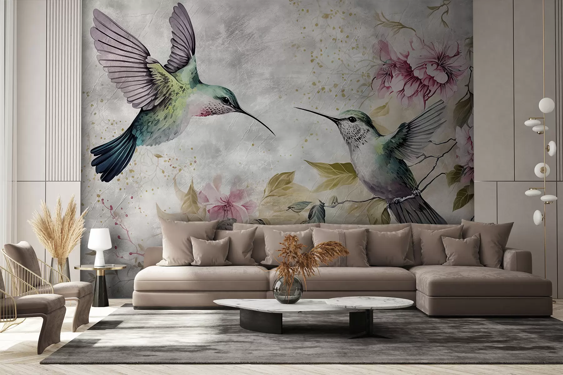 murais de parede Beija-flores em aquarela em um galho u93994