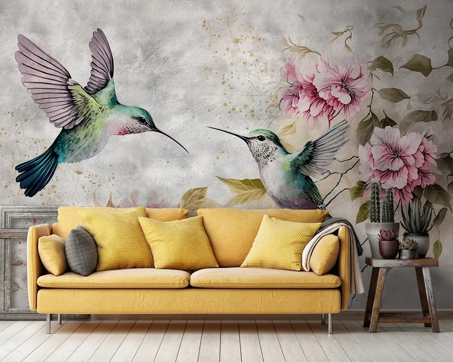 murais de parede Beija-flores em aquarela em um galho u93994