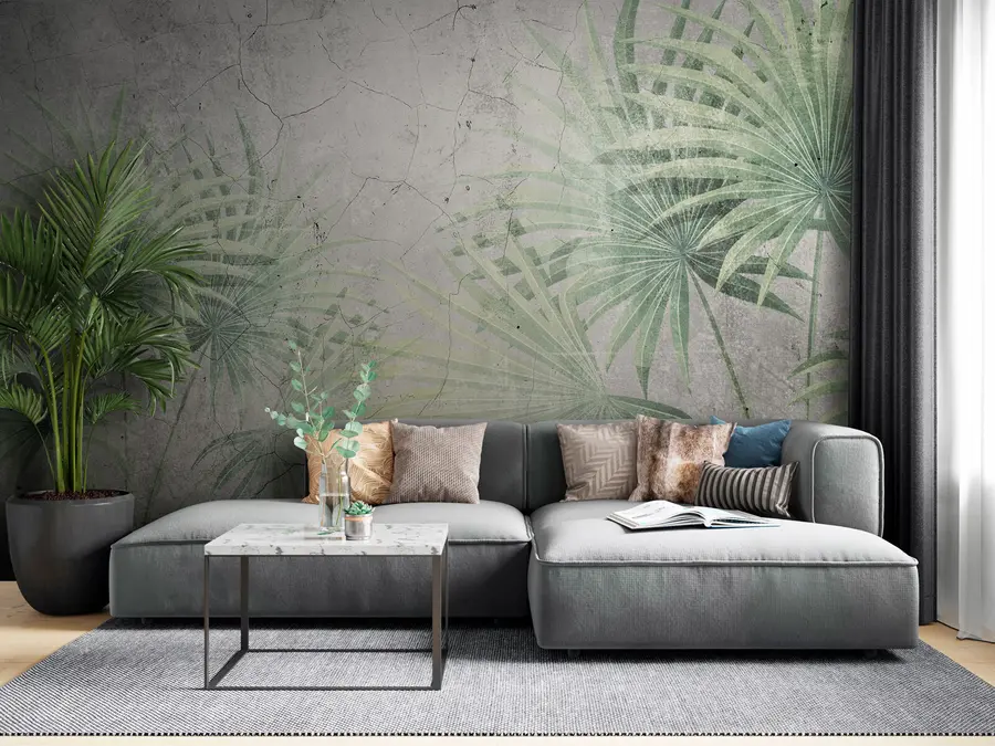 murais de parede Folhas de palmeira verde com textura grunge u94284