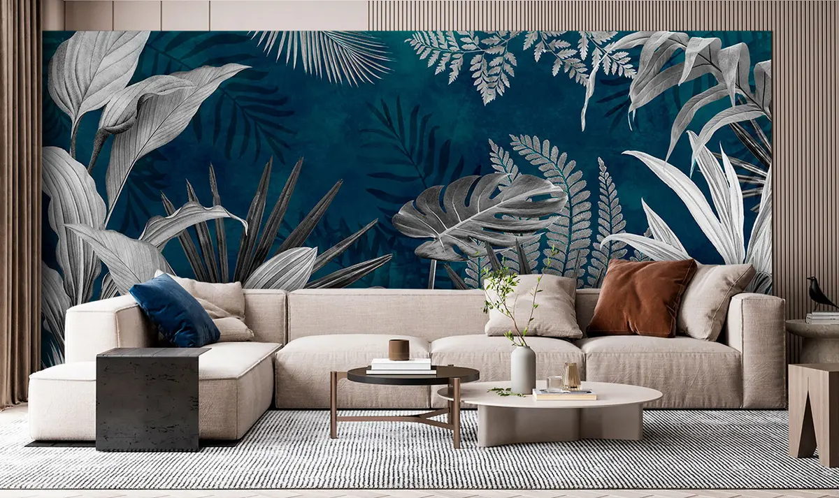 murais de parede Folhas tropicais em fundo azul no estilo grunge u94419