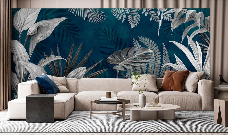 murais de parede Folhas tropicais em fundo azul no estilo grunge u94419