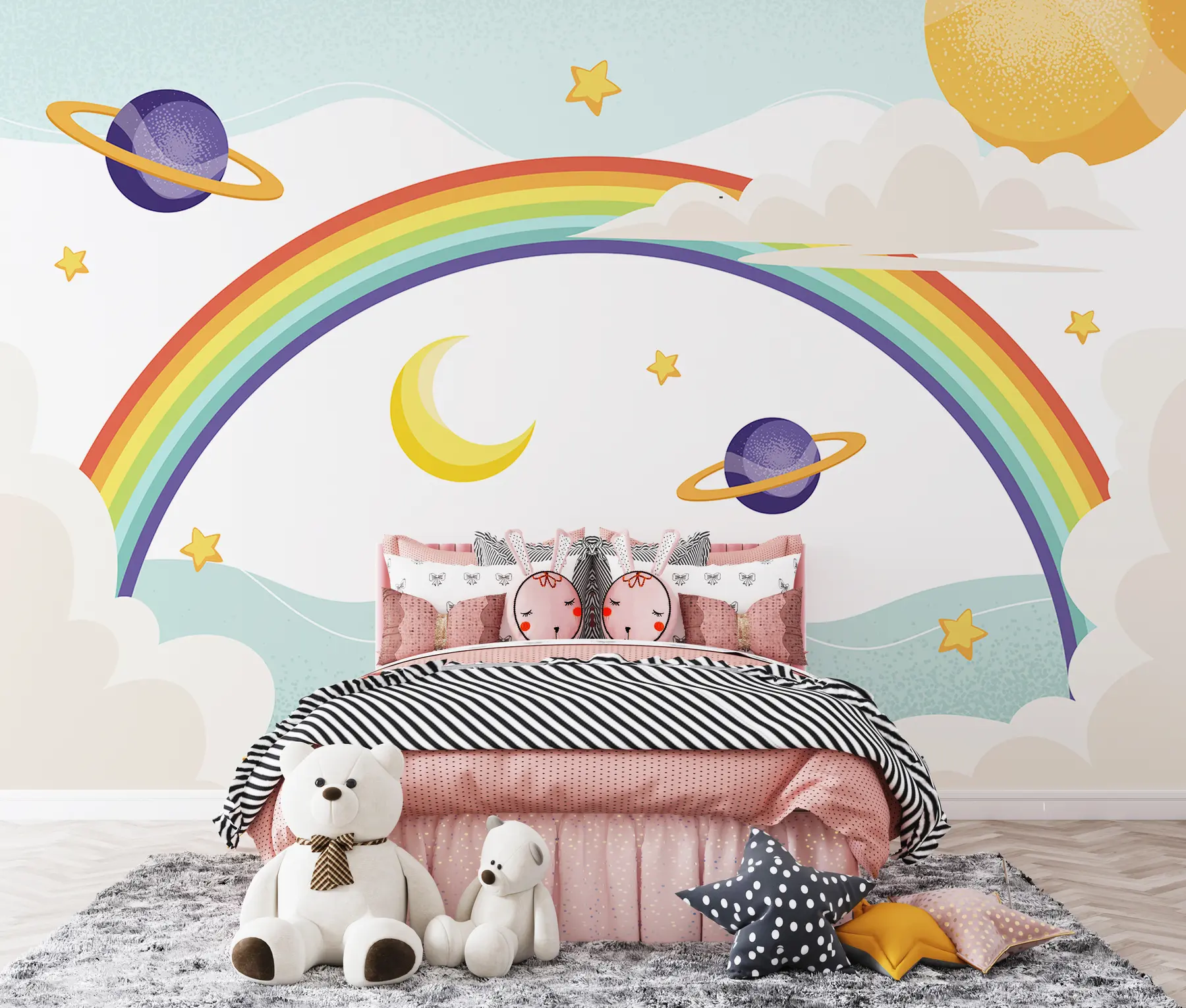 murais de parede Arco-íris nas nuvens, planetas, estrelas u94327