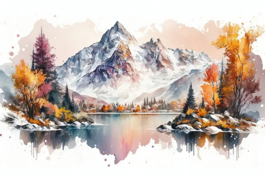 murais de parede Aquarela paisagem de outono de montanha com neve nos picos u94782