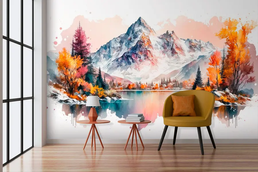 murais de parede Aquarela paisagem de outono de montanha com neve nos picos u94782