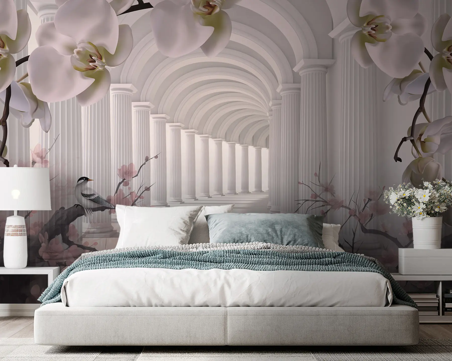 murais de parede Belo túnel com pássaros e orquídeas u94513