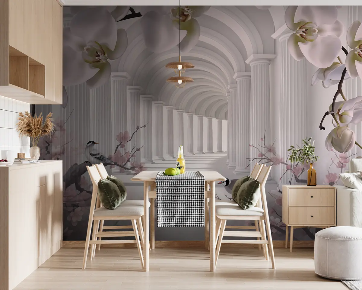 murais de parede Belo túnel com pássaros e orquídeas u94513