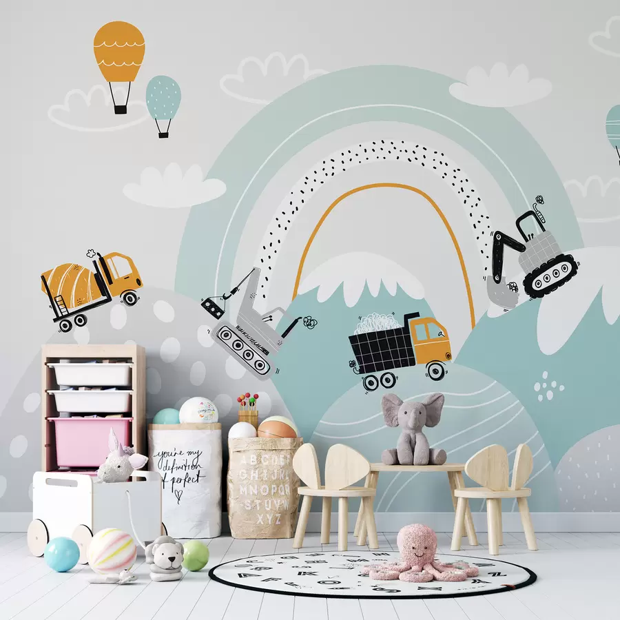 murais de parede Veículos de construção, paisagem montanhosa, balões e nuvens em estilo escandinavo u95046