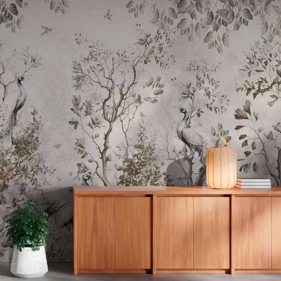 murais de parede Um jardim com pássaros frágeis, pavões u94850