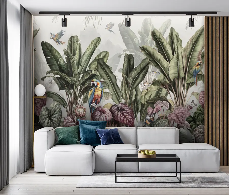 murais de parede Bananeiras tropicais em uma paisagem com araras e borboletas em estilo vintage u95371