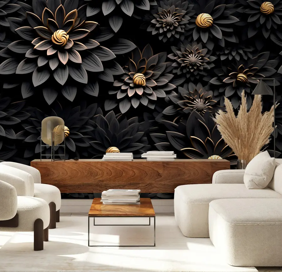 murais de parede Flores pretas com efeito 3D u95249