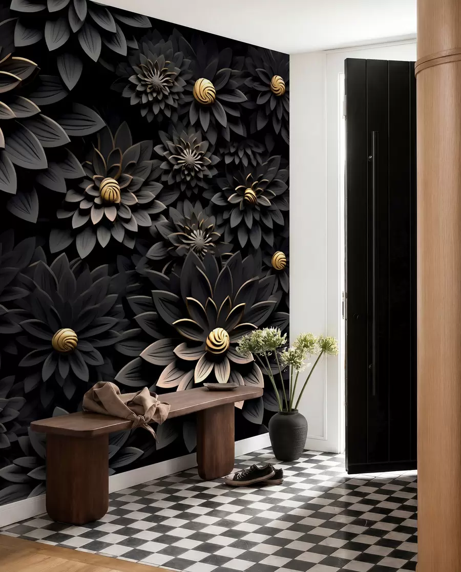 murais de parede Flores pretas com efeito 3D u95249