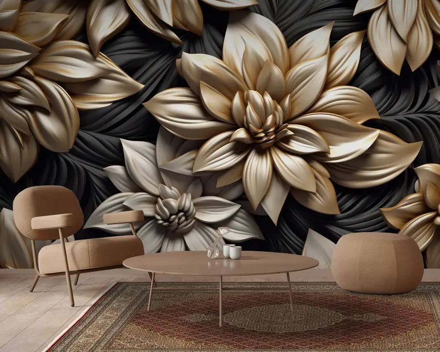 murais de parede Flores pretas com efeito 3D u95252