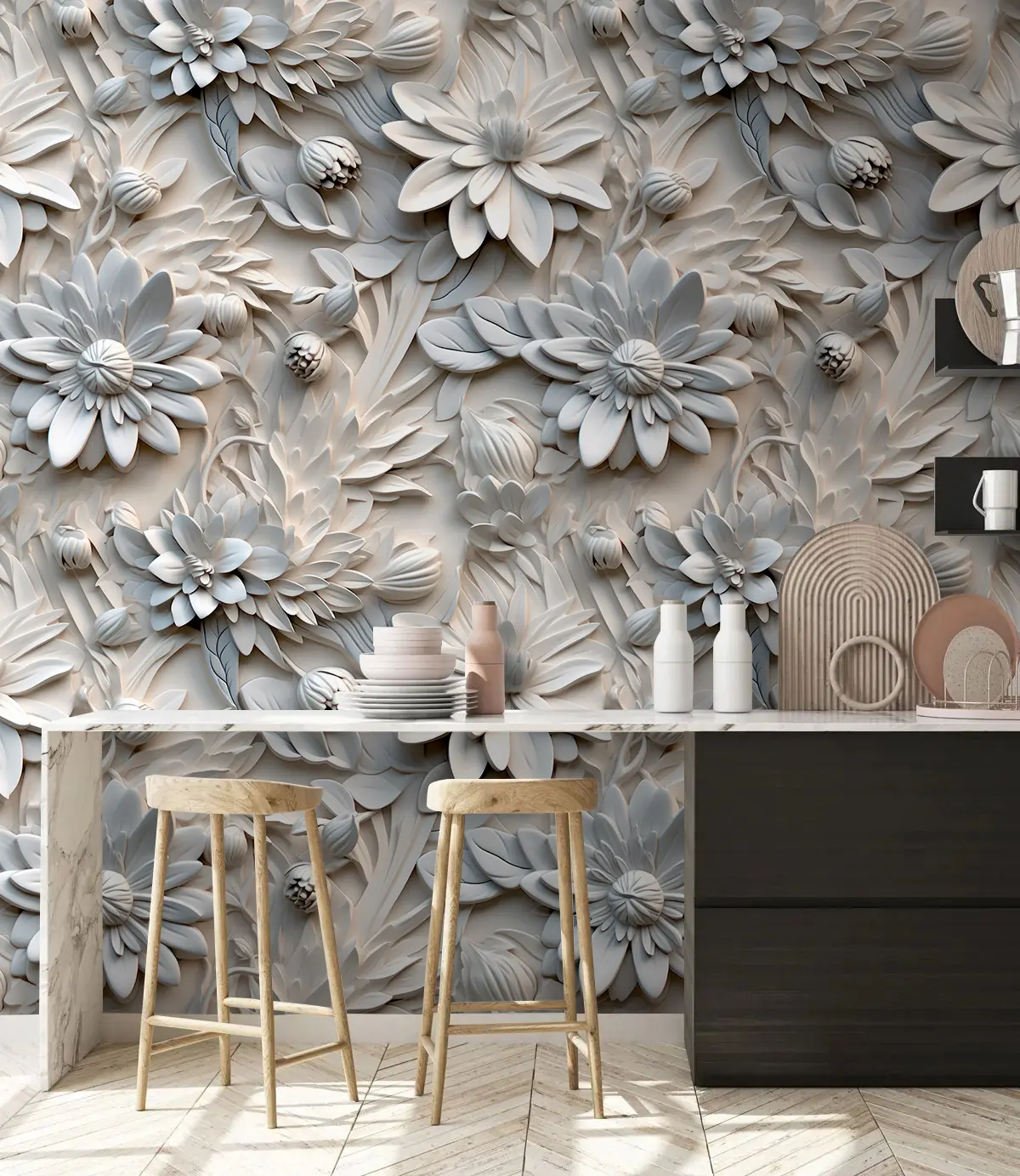 murais de parede Flores 3D volumétricas em cores claras u95589