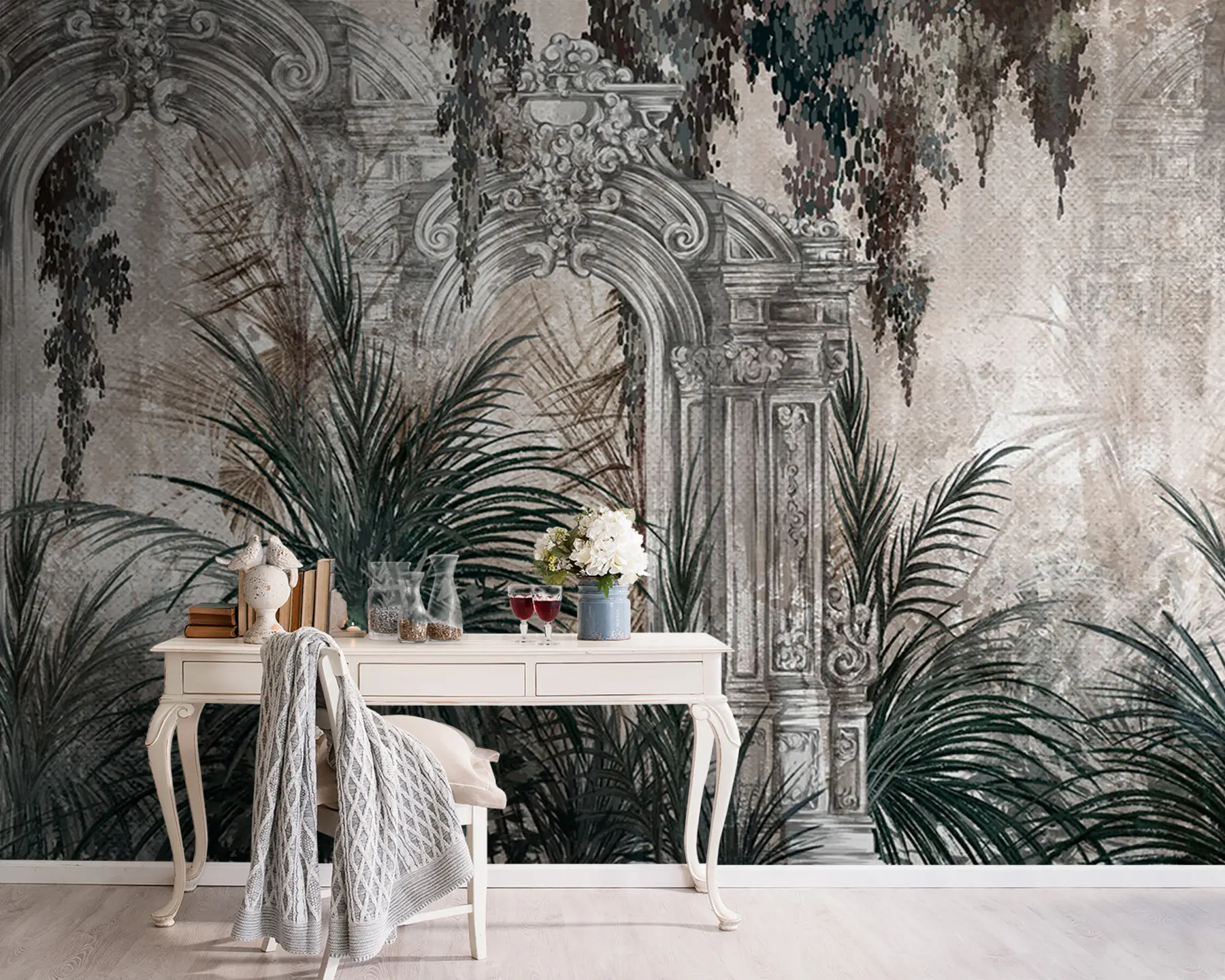 murais de parede Arquitetura antiga com folhas tropicais u95500