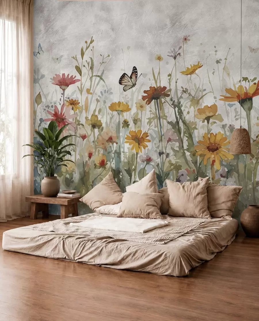 murais de parede Aquarela flores silvestres e borboletas u95406