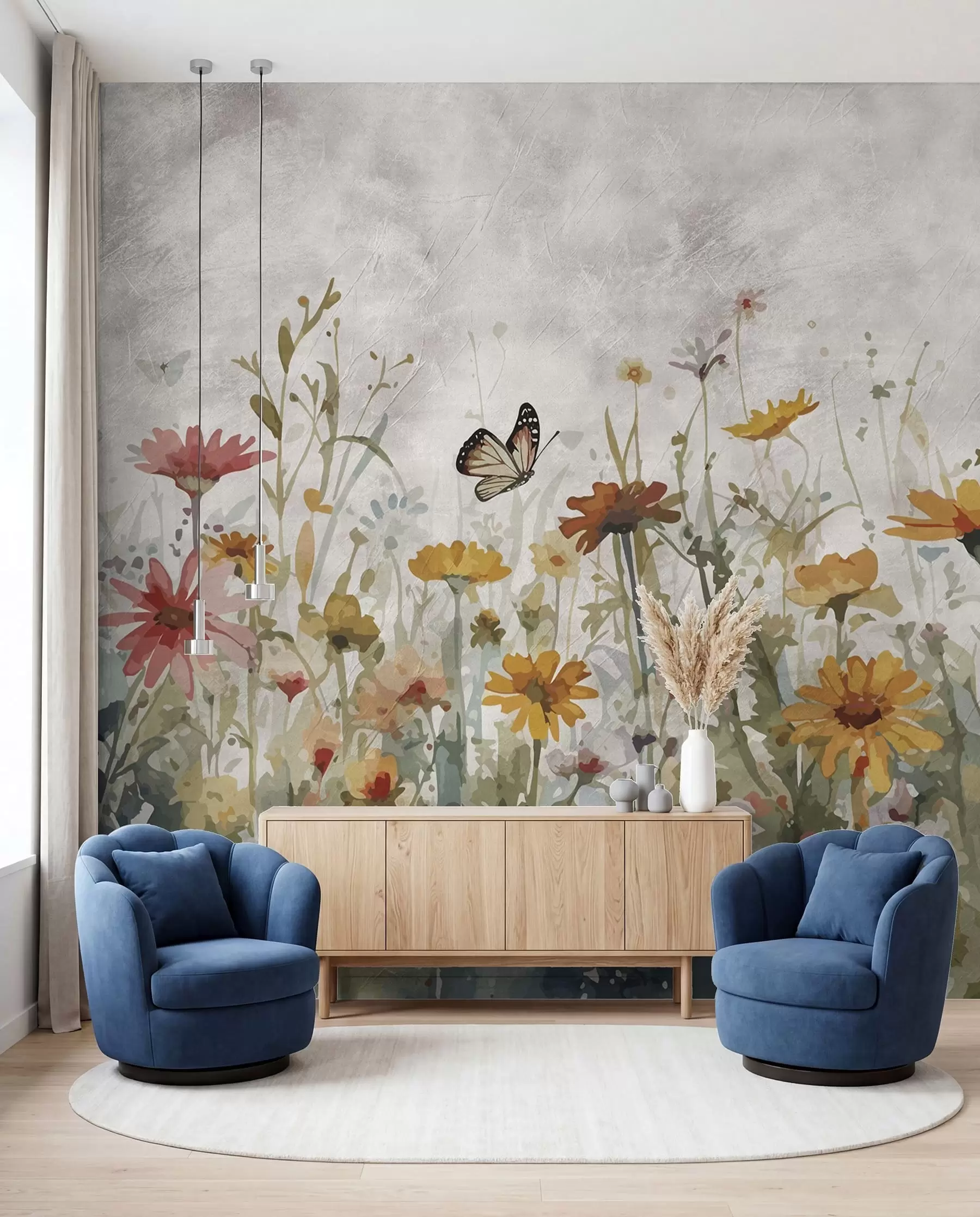 murais de parede Aquarela flores silvestres e borboletas u95406
