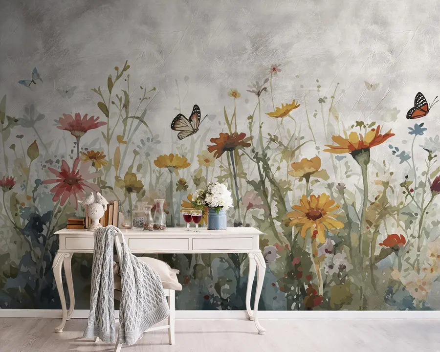 murais de parede Aquarela flores silvestres e borboletas u95406
