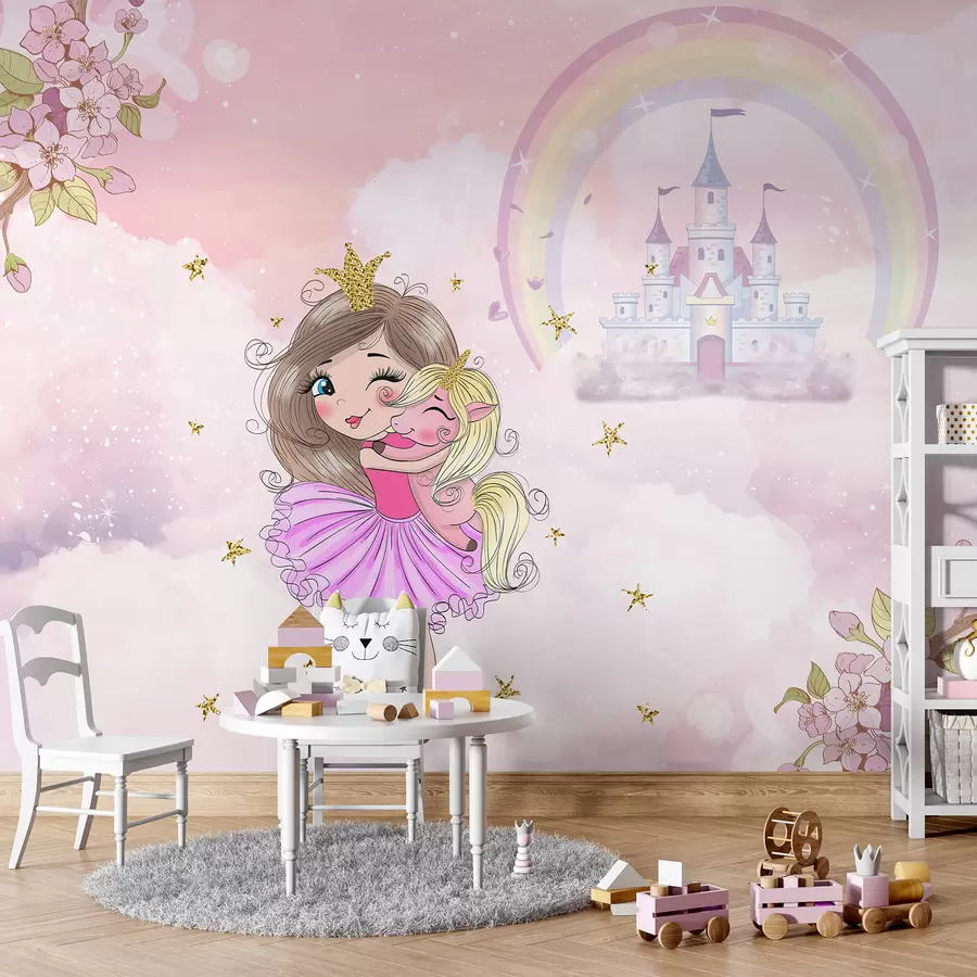 murais de parede Princesa e unicórnio no fundo do castelo com um arco-íris u95401
