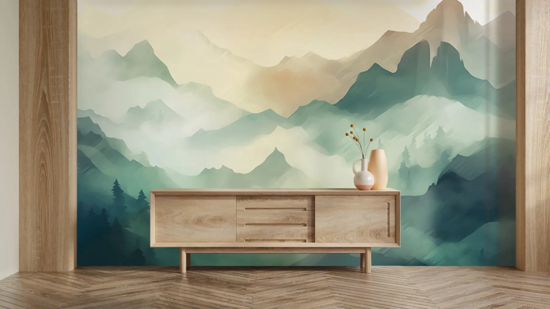 murais de parede Montanhas na floresta nebulosa u95994