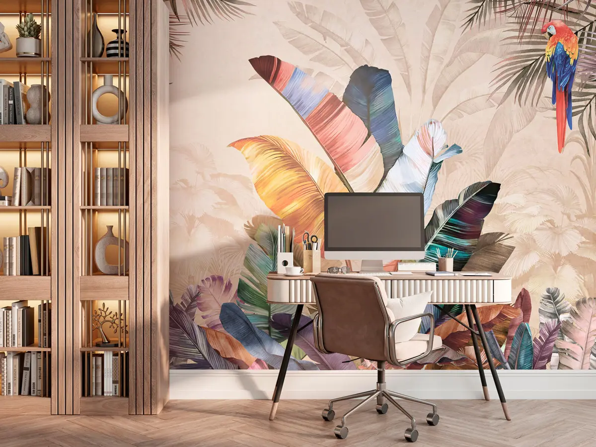 murais de parede Folhas de palmeira coloridas com pássaro papagaio tropical u95050