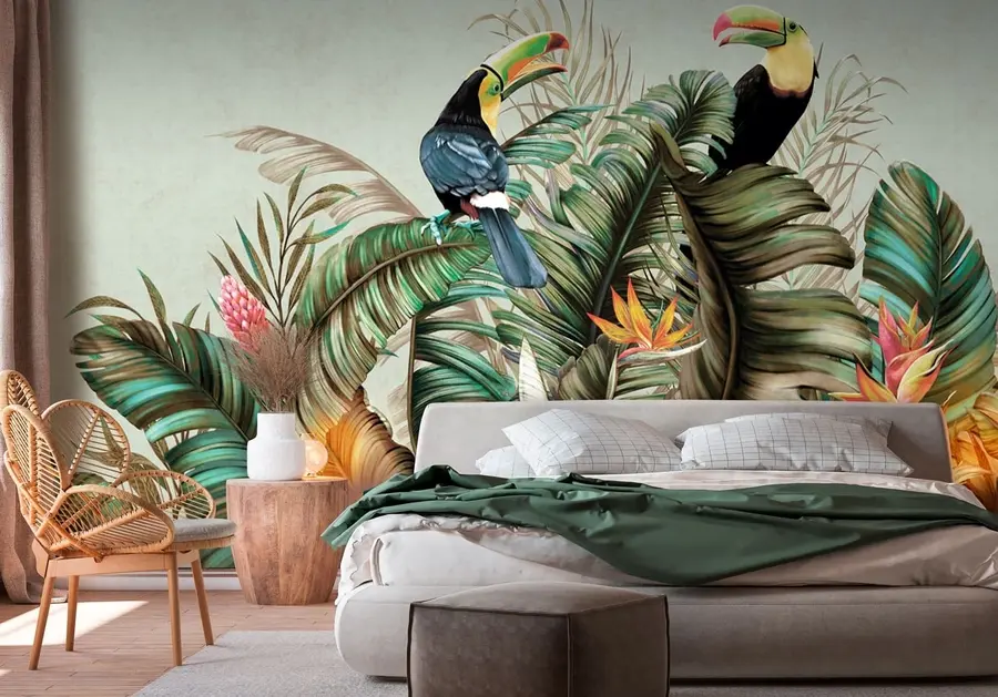 murais de parede Aves exóticas papagaio e tucano entre folhas de bananeira e palmeira u95256