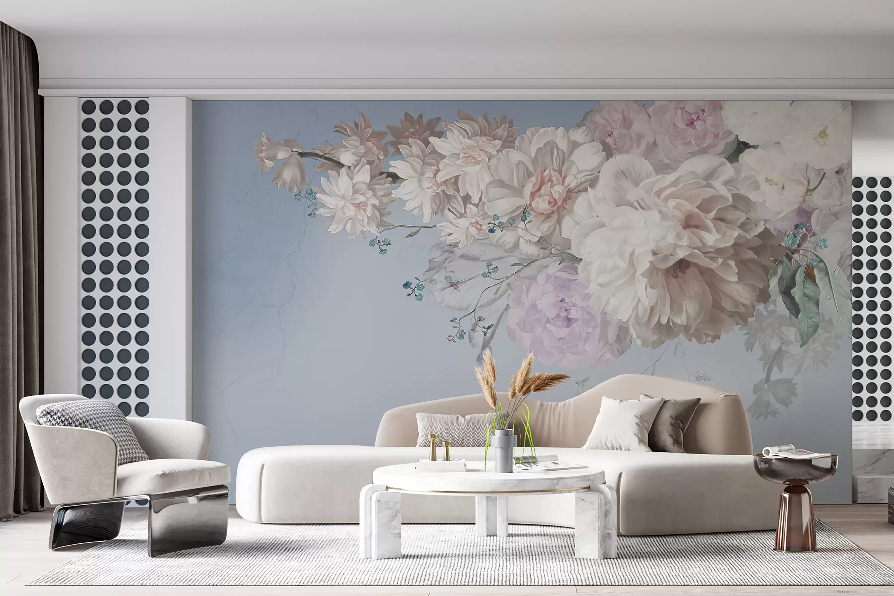 murais de parede Grandes flores exuberantes, peônias brancas sobre um fundo azul u95437