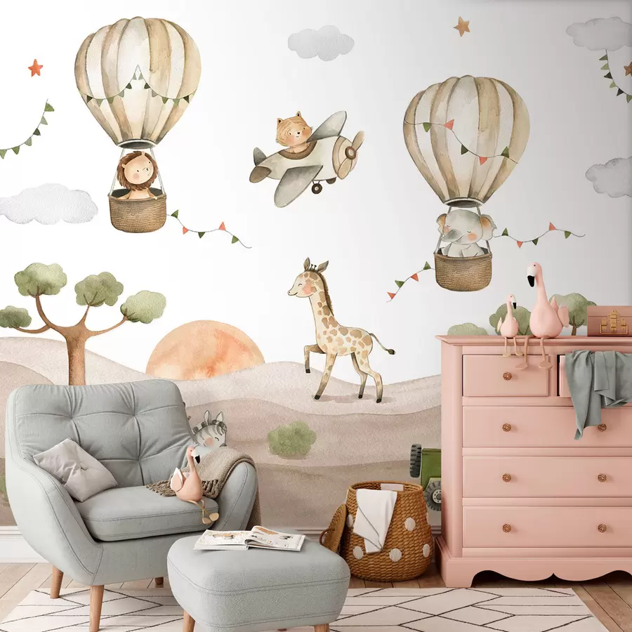 murais de parede Desenho aquarela com animais, balões, avião e carro u95882