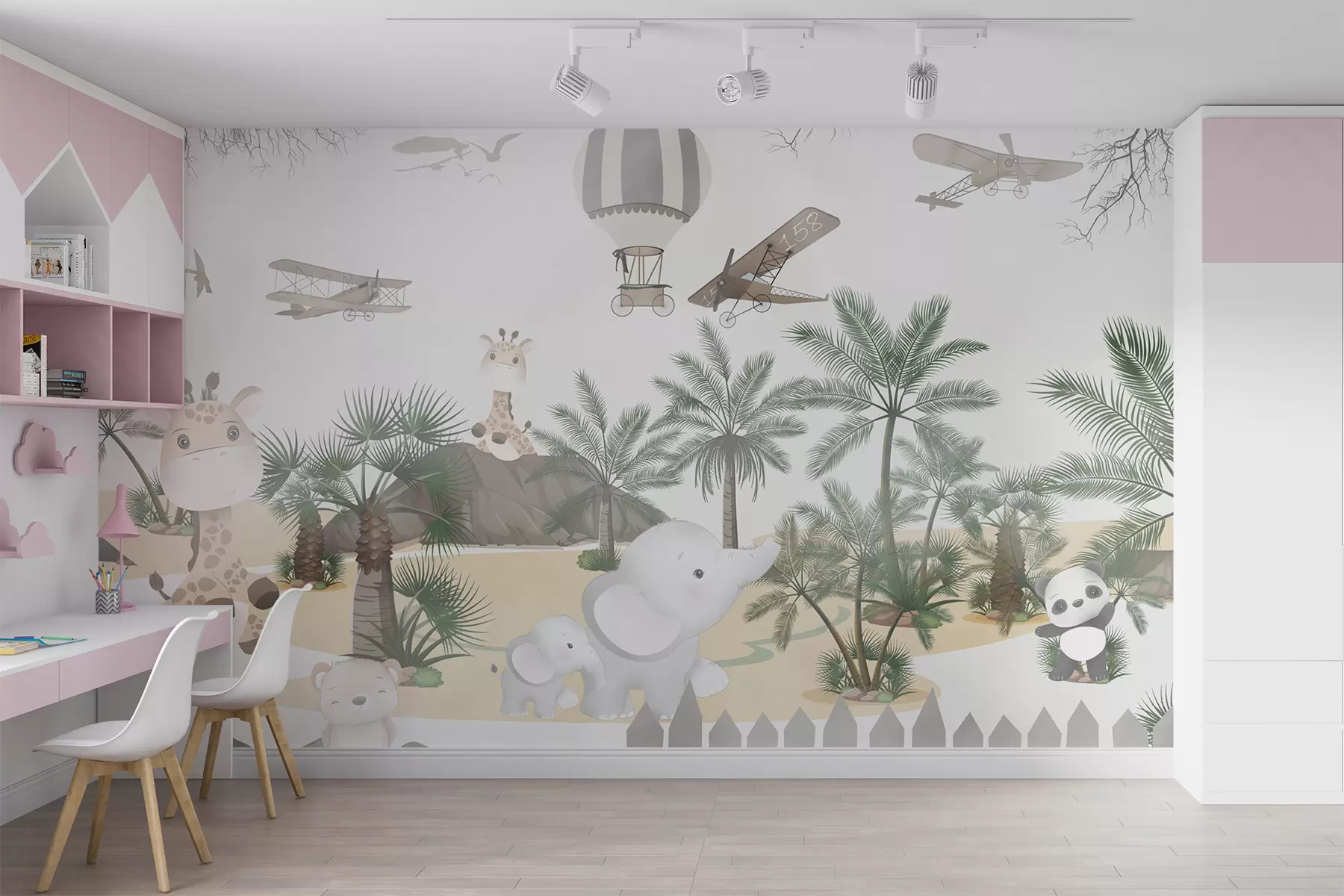 murais de parede Design com animais fofos, árvores tropicais e balões u95899