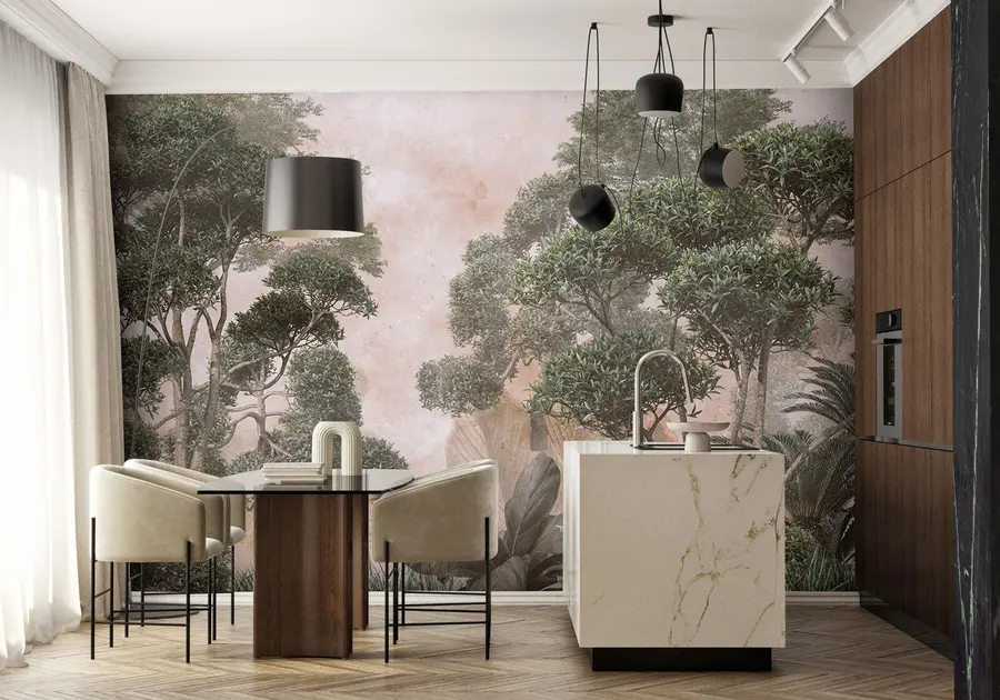 murais de parede Árvores tropicais em uma floresta nebulosa com grandes folhas ao fundo u95902