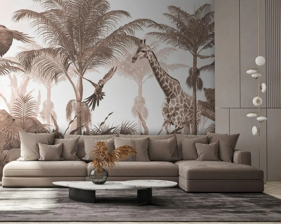 murais de parede Design de papel de parede de árvore tropical com animais u95906