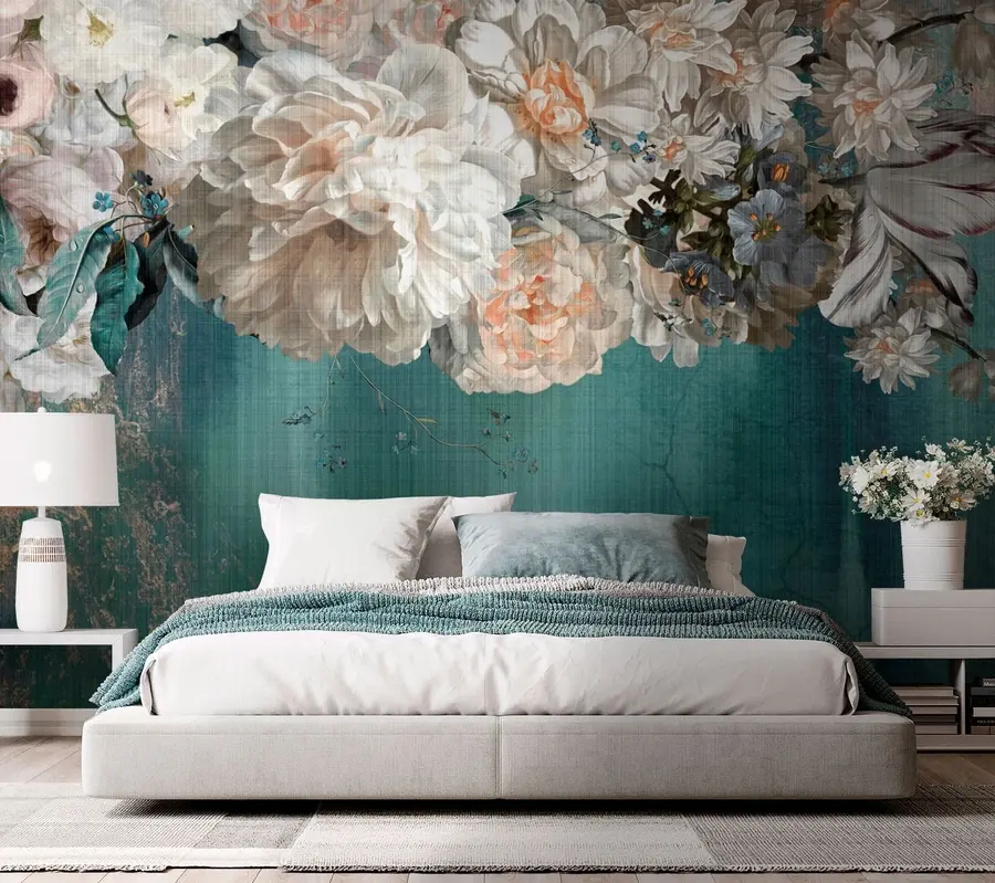 murais de parede Grande exuberante buquê de flores com textura grunge u95430