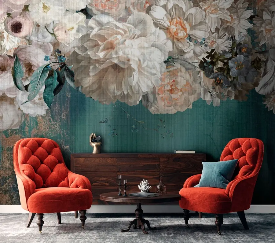 murais de parede Grande exuberante buquê de flores com textura grunge u95430