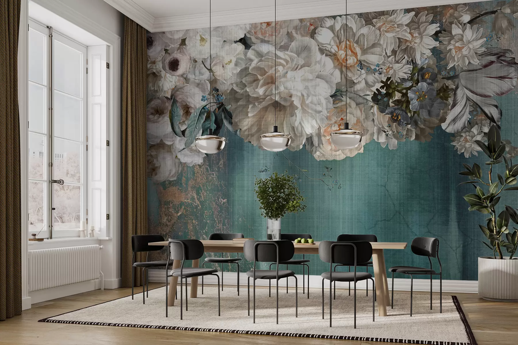 murais de parede Grande exuberante buquê de flores com textura grunge u95430