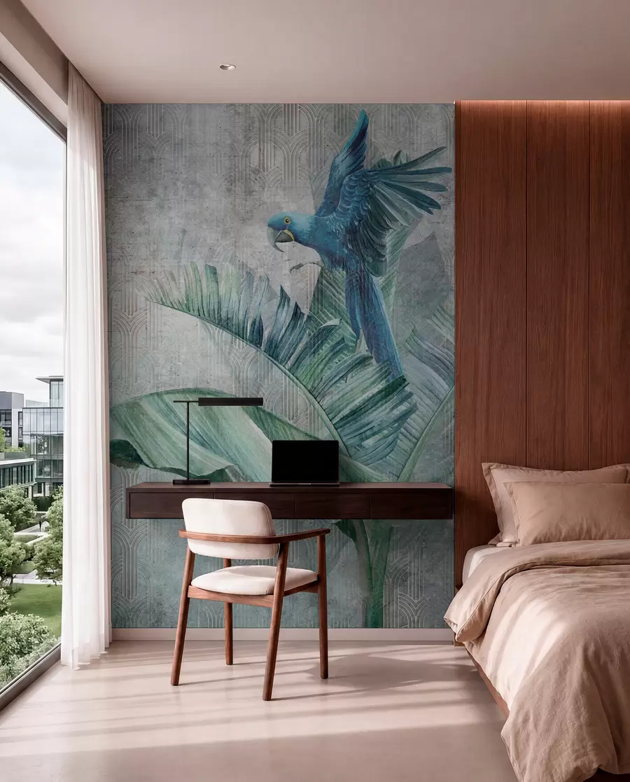 murais de parede Grande papagaio azul na bananeira com textura de concreto grunge u95432