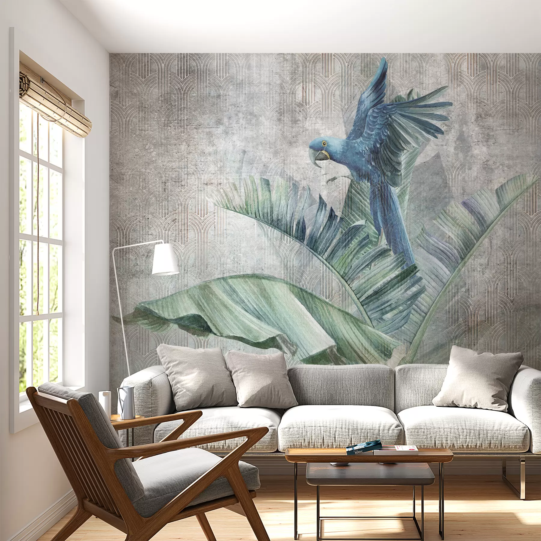murais de parede Grande papagaio azul na bananeira com textura de concreto grunge u95432