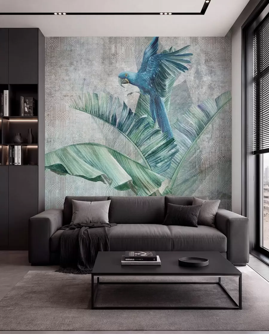 murais de parede Grande papagaio azul na bananeira com textura de concreto grunge u95432