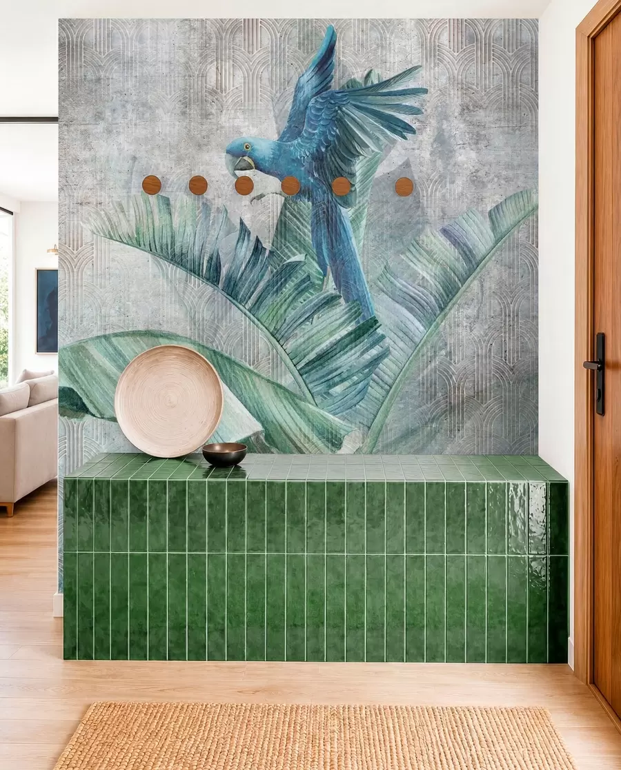 murais de parede Grande papagaio azul na bananeira com textura de concreto grunge u95432