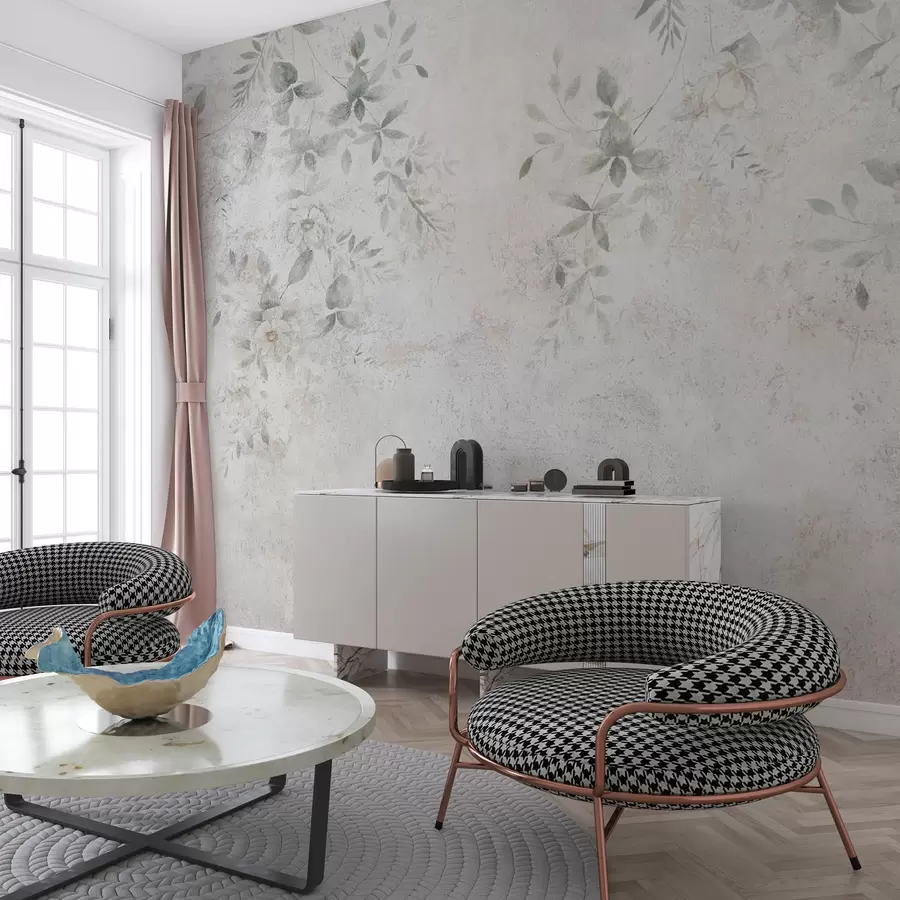 murais de parede Flores com ramos no minimalismo concreto do fundo do grunge u96140