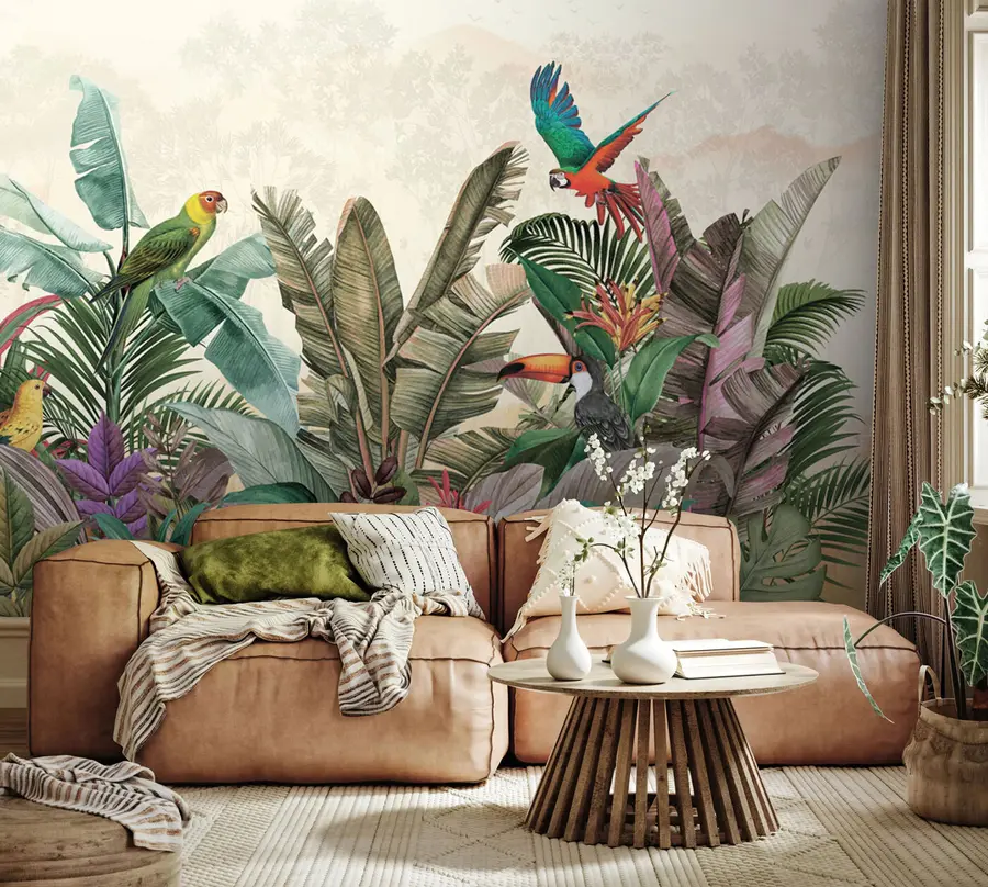 murais de parede Papagaio de pássaros tropicais vintage em folhas tropicais u96144