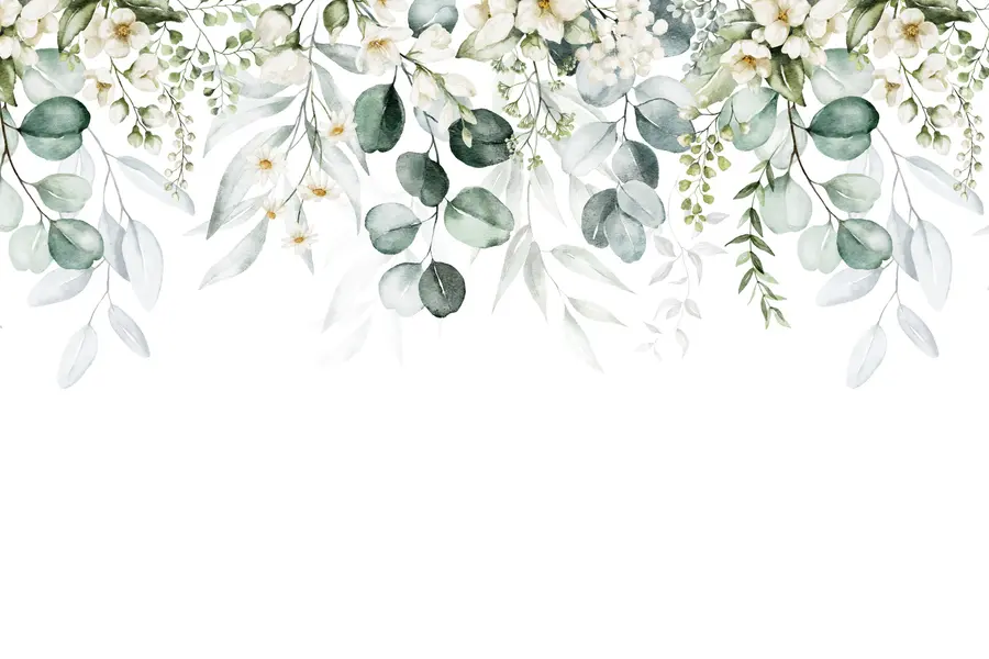 murais de parede Ilustração com folhas verdes, flores brancas, peónia e ramos u96063