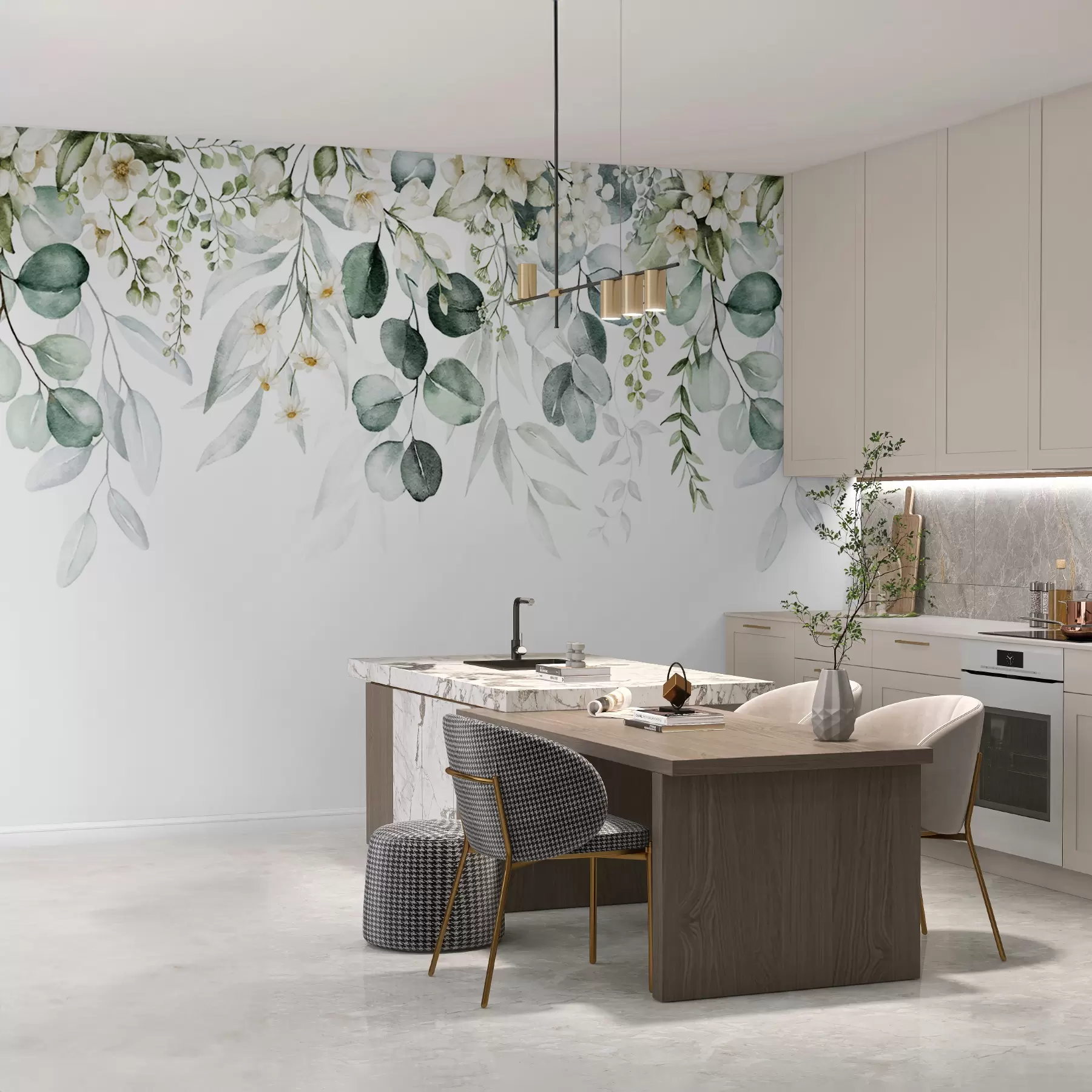 murais de parede Ilustração com folhas verdes, flores brancas, peónia e ramos u96063