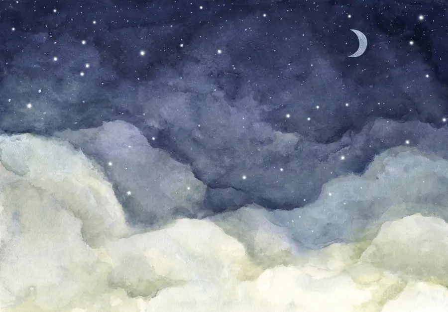 murais de parede Pintura em aquarela do céu noturno com lua crescente e estrelas brilhantes u96076