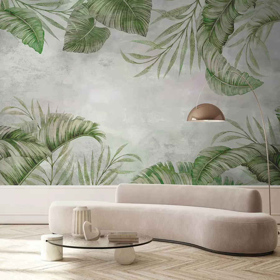 murais de parede Grandes folhas tropicais em uma parede de mármore u95261