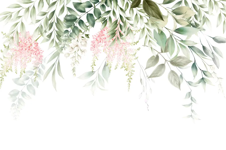 murais de parede Folhagem com flores cor de rosa u95923