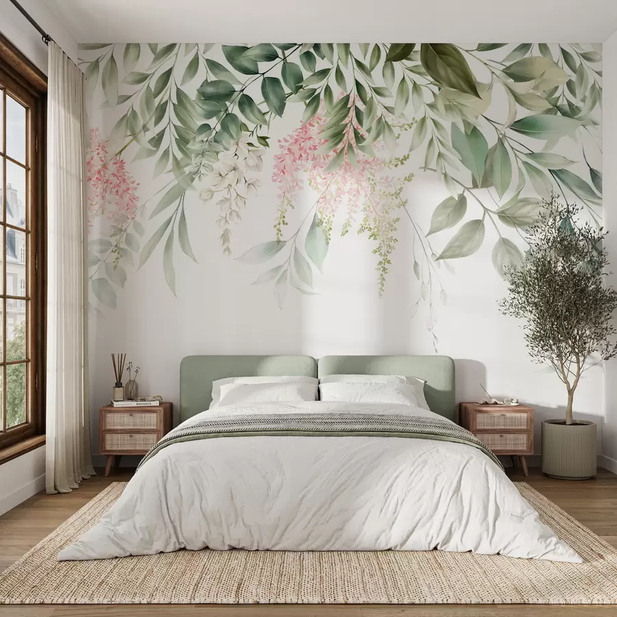 murais de parede Folhagem com flores cor de rosa u95923